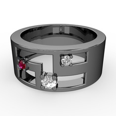 Valeda Alyans - Pırlanta, rodolit garnet ve beyaz zirkon 925 ayar siyah rodyum kaplama gümüş yüzük (0.11 karat) #qnceh4