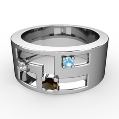 Dumanlı kuvars, pırlanta ve akuamarin 18 ayar beyaz altın yüzük (0.036 karat)