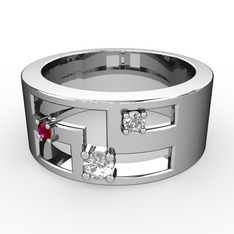 Pırlanta, rodolit garnet ve swarovski 8 ayar beyaz altın yüzük (0.11 karat)