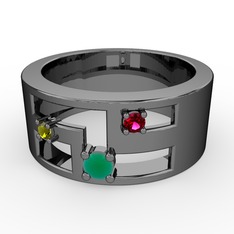 Kök zümrüt, peridot ve rodolit garnet 925 ayar siyah rodyum kaplama gümüş yüzük