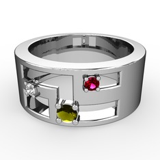 Peridot, pırlanta ve rodolit garnet 8 ayar beyaz altın yüzük (0.036 karat)