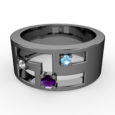 Valeda Alyans - Ametist, beyaz zirkon ve akuamarin 925 ayar siyah rodyum kaplama gümüş yüzük #ypy1i