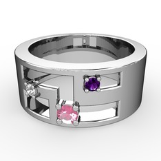 Pembe kuvars, swarovski ve ametist 18 ayar beyaz altın yüzük