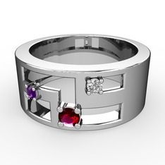 Rodolit garnet, ametist ve swarovski 8 ayar beyaz altın yüzük