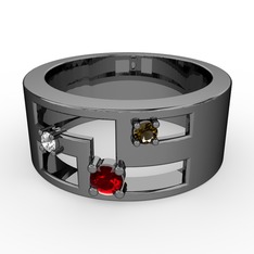 Valeda Alyans - Garnet, pırlanta ve dumanlı kuvars 925 ayar siyah rodyum kaplama gümüş yüzük (0.036 karat) #zcr5ks