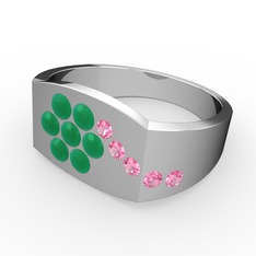 Pembe kuvars ve kök zümrüt 8 ayar beyaz altın yüzük