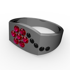 Gardenia Çiçek Yüzük - Siyah zirkon ve rodolit garnet 925 ayar siyah rodyum kaplama gümüş yüzük #1378cav
