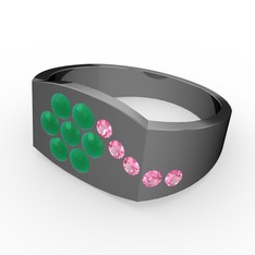 Pembe kuvars ve kök zümrüt 925 ayar siyah rodyum kaplama gümüş yüzük