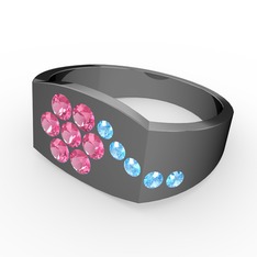 Gardenia Çiçek Yüzük - Akuamarin ve pembe kuvars 925 ayar siyah rodyum kaplama gümüş yüzük #1bhfj6l