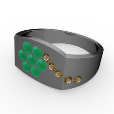 Dumanlı kuvars ve kök zümrüt 925 ayar siyah rodyum kaplama gümüş yüzük