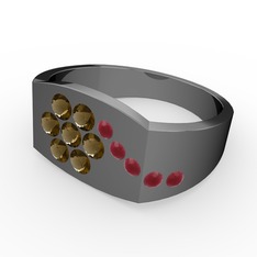 Gardenia Çiçek Yüzük - Kök yakut ve dumanlı kuvars 925 ayar siyah rodyum kaplama gümüş yüzük #1fjq91