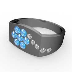 Gardenia Çiçek Yüzük - Swarovski ve akuamarin 925 ayar siyah rodyum kaplama gümüş yüzük #1i7tpi3