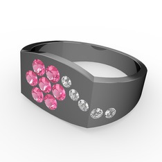Gardenia Çiçek Yüzük - Swarovski ve pembe kuvars 925 ayar siyah rodyum kaplama gümüş yüzük #1lun1nx