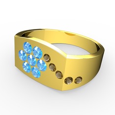 Dumanlı kuvars ve akuamarin 18 ayar altın yüzük