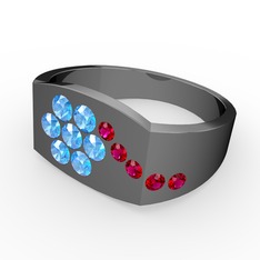 Rodolit garnet ve akuamarin 925 ayar siyah rodyum kaplama gümüş yüzük