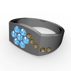 Gardenia Çiçek Yüzük - Dumanlı kuvars ve akuamarin 925 ayar siyah rodyum kaplama gümüş yüzük #a4dh3g