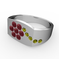 Peridot ve kök yakut 8 ayar beyaz altın yüzük