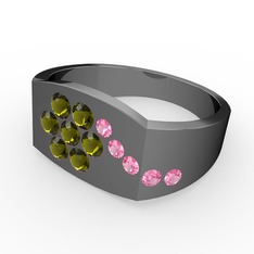 Pembe kuvars ve peridot 925 ayar siyah rodyum kaplama gümüş yüzük