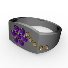 Gardenia Çiçek Yüzük - Dumanlı kuvars ve ametist 925 ayar siyah rodyum kaplama gümüş yüzük #m48af3