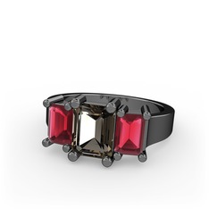 Dumanlı kuvars ve kök yakut 925 ayar siyah rodyum kaplama gümüş yüzük