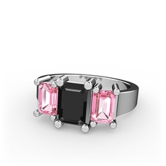 Arnia Yüzük - Siyah zirkon ve pembe kuvars 14 ayar beyaz altın yüzük #16dr8kt