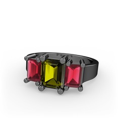 Peridot ve kök yakut 925 ayar siyah rodyum kaplama gümüş yüzük