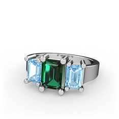 Yeşil kuvars ve akuamarin 14 ayar beyaz altın yüzük