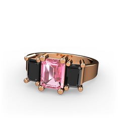 Pembe kuvars ve siyah zirkon 925 ayar rose altın kaplama gümüş yüzük