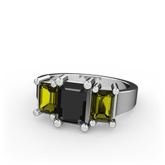 Siyah zirkon ve peridot 14 ayar beyaz altın yüzük