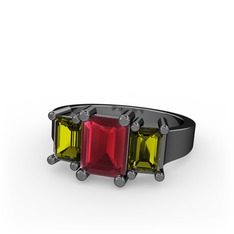 Kök yakut ve peridot 925 ayar siyah rodyum kaplama gümüş yüzük