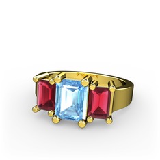 Akuamarin ve kök yakut 14 ayar altın yüzük