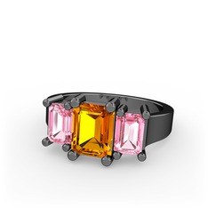 Arnia Yüzük - Sitrin ve pembe kuvars 925 ayar siyah rodyum kaplama gümüş yüzük #77ojqe