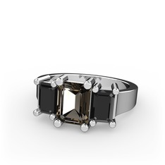 Dumanlı kuvars ve siyah zirkon 14 ayar beyaz altın yüzük