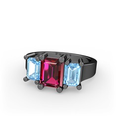 Rodolit garnet ve akuamarin 925 ayar siyah rodyum kaplama gümüş yüzük