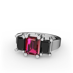 Rodolit garnet ve siyah zirkon 14 ayar beyaz altın yüzük