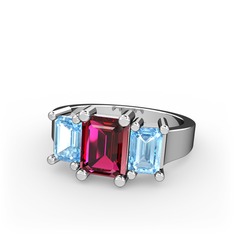 Rodolit garnet ve akuamarin 8 ayar beyaz altın yüzük