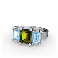Peridot ve akuamarin 8 ayar beyaz altın yüzük