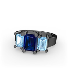 Lab safir ve akuamarin 925 ayar siyah rodyum kaplama gümüş yüzük