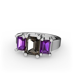 Dumanlı kuvars ve ametist 14 ayar beyaz altın yüzük