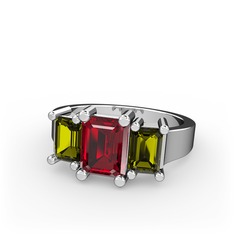 Garnet ve peridot 14 ayar beyaz altın yüzük