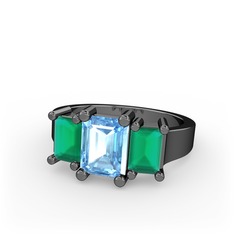 Akuamarin ve kök zümrüt 925 ayar siyah rodyum kaplama gümüş yüzük