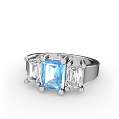 Akuamarin ve beyaz zirkon 14 ayar beyaz altın yüzük