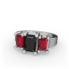 Siyah zirkon ve garnet 14 ayar beyaz altın yüzük