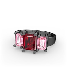 Garnet ve pembe kuvars 925 ayar siyah rodyum kaplama gümüş yüzük