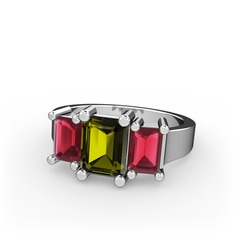Peridot ve kök yakut 8 ayar beyaz altın yüzük