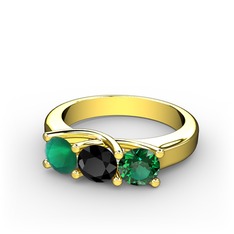 Kök zümrüt, siyah zirkon ve yeşil kuvars 8 ayar altın yüzük