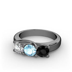 Vela Tria Yüzük - Beyaz zirkon, akuamarin ve siyah zirkon 925 ayar siyah rodyum kaplama gümüş yüzük #110qrup