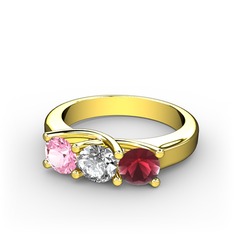 Pembe kuvars, swarovski ve kök yakut 14 ayar altın yüzük