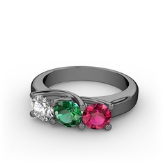 Vela Tria Yüzük - Pırlanta, yeşil kuvars ve rodolit garnet 925 ayar siyah rodyum kaplama gümüş yüzük (0.5 karat) #11xdnna
