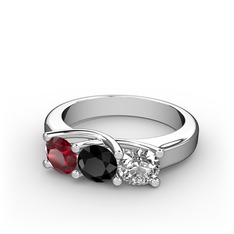 Vela Tria Yüzük - Garnet, siyah zirkon ve beyaz zirkon 8 ayar beyaz altın yüzük #125b9ax